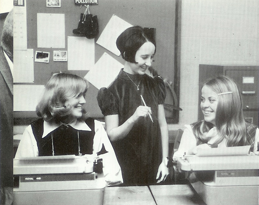 Sharon Tiley, Pam Zook and Suzanne Kagay using typewriters?